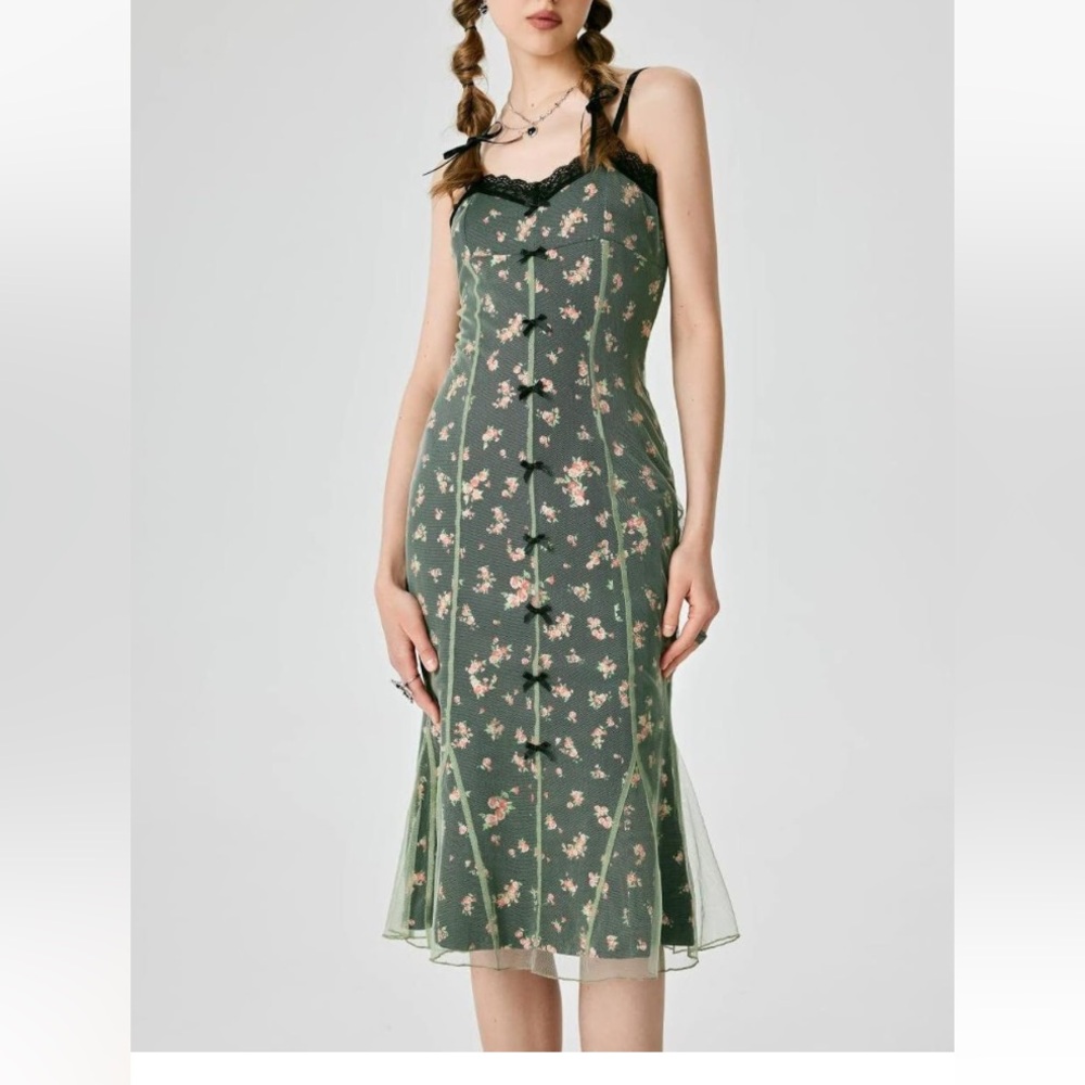 CIDER MESH FLORAL BOW LACE TRIM MIDI DRESS - Picture 3 of 16